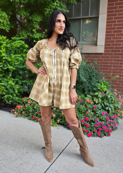 All In Season Camel Plaid Romper