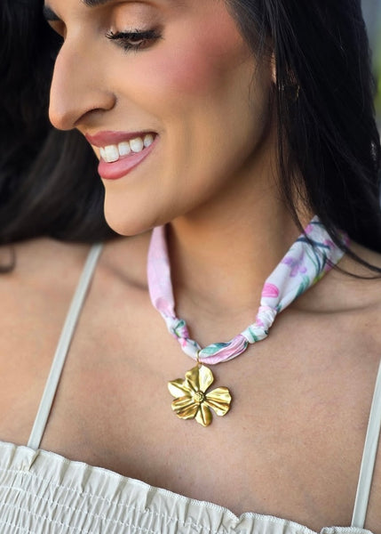 Pink Floral Scarf Necklace w/ Gold Flower Charm