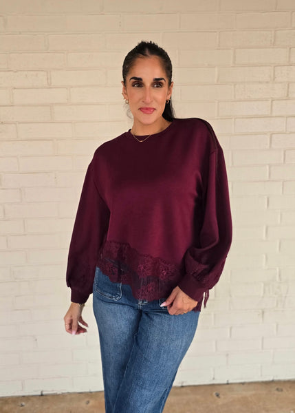 Wine & Dine Lace Trimmed Long Sleeve Top