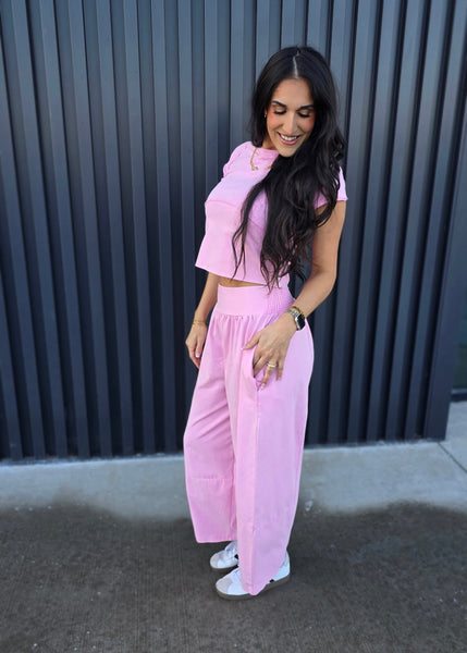 Sweet Pink Solid Cropped Capped Sleeve Top