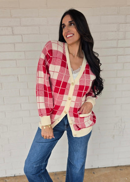 All Season Long Red Checked Cardigan