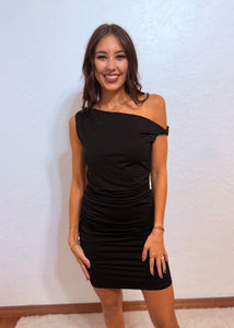 More Fun Off-Shoulder Ruched Mini Dress