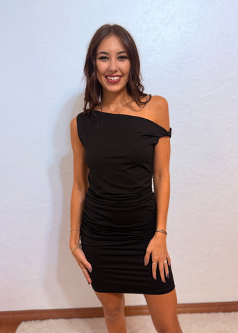 More Fun Off-Shoulder Ruched Mini Dress