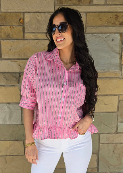 Reaching Out Pink Striped Button Up Top
