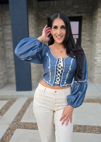 Blow My Mind Denim Lace Up Top