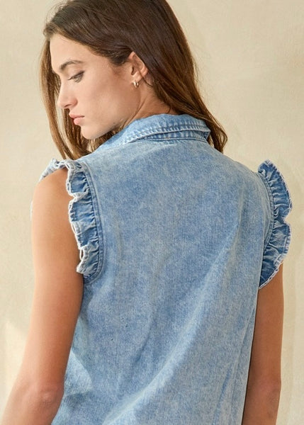 Ruffle Adorned Denim Vest