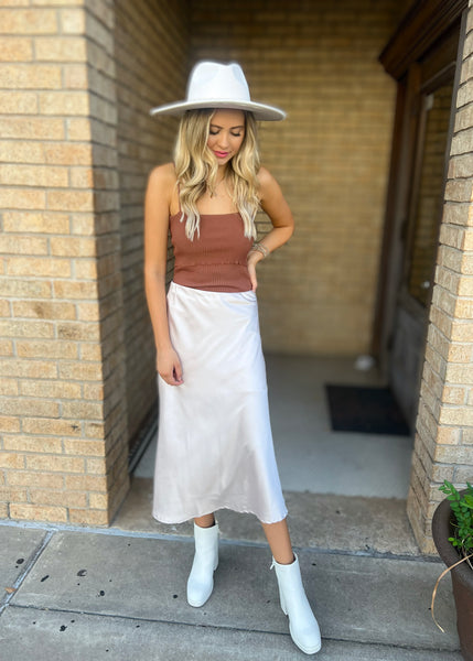 Live And Let Love Champagne Satin Midi Skirt