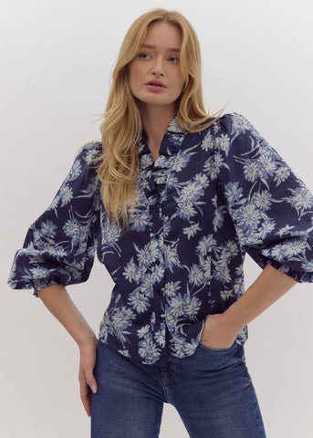 Thanks To You Blue Floral Button Up Top