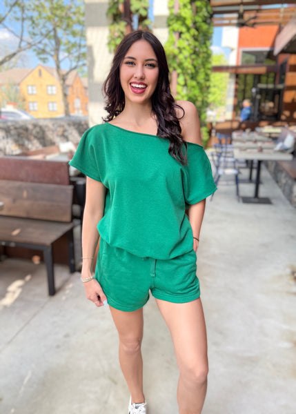 As You Are Kelly Green French Terry Off Shoulder Top - Large