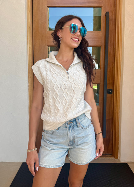 Morning Sunrise Ivory Zip Up Sleeveless Sweater Top