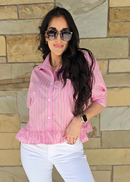 Reaching Out Pink Striped Button Up Top