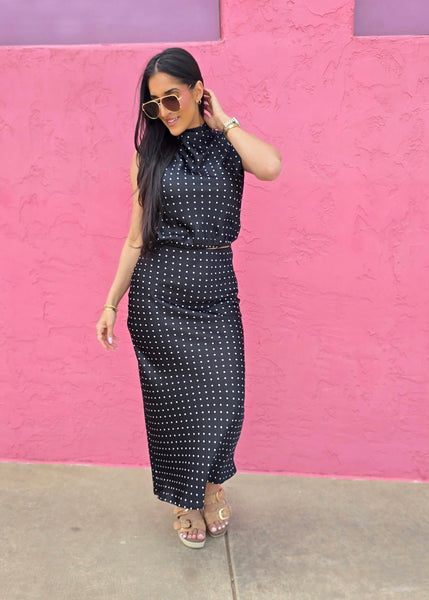 Sudden Connection Black & White Polka Dot 2 Pc Top & Midi Skirt Set