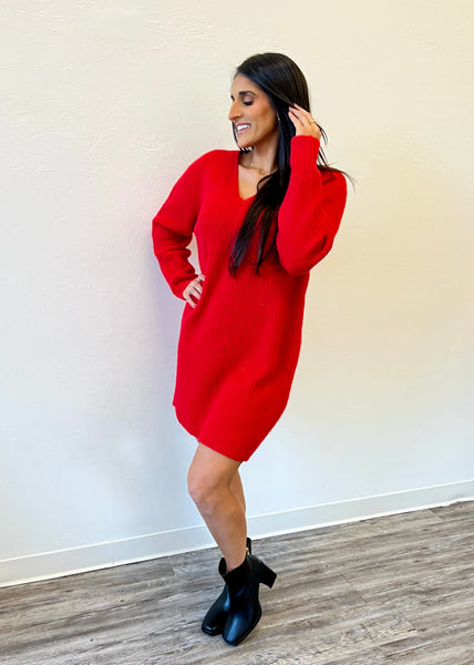 Easily Loved Red Ribbed Sweater Dress