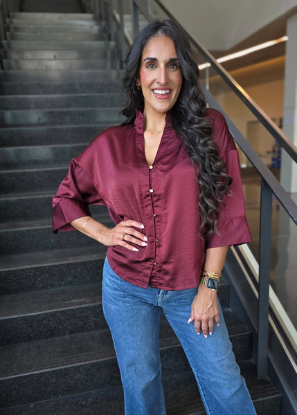 Makes Sense Burgundy Gold Button Up Blouse