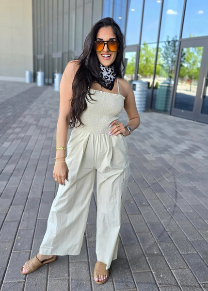 Sunday Stroll Taupe Spaghetti Strap Jumpsuit