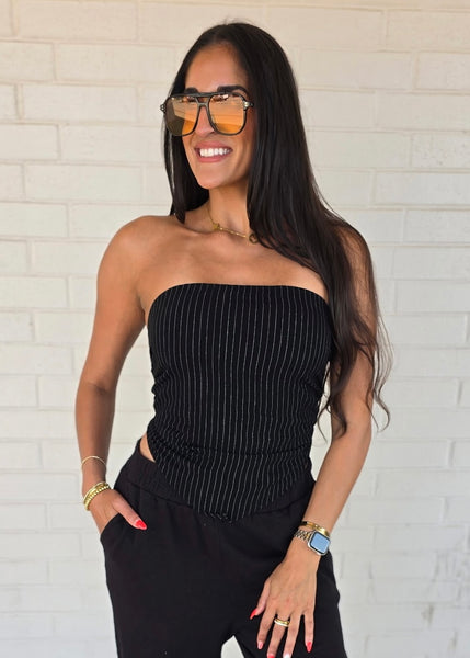 Out For The Night Black Pin Striped Tube Top