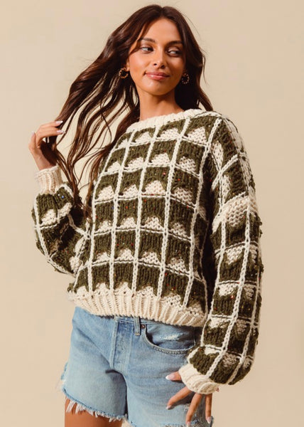 Enough Said Olive & Ivory Loose Fit Chunky Sweater