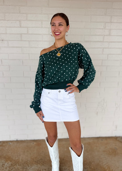 From The Past Green & White Polka Dot Off The Shoulder Sweatshirt Top