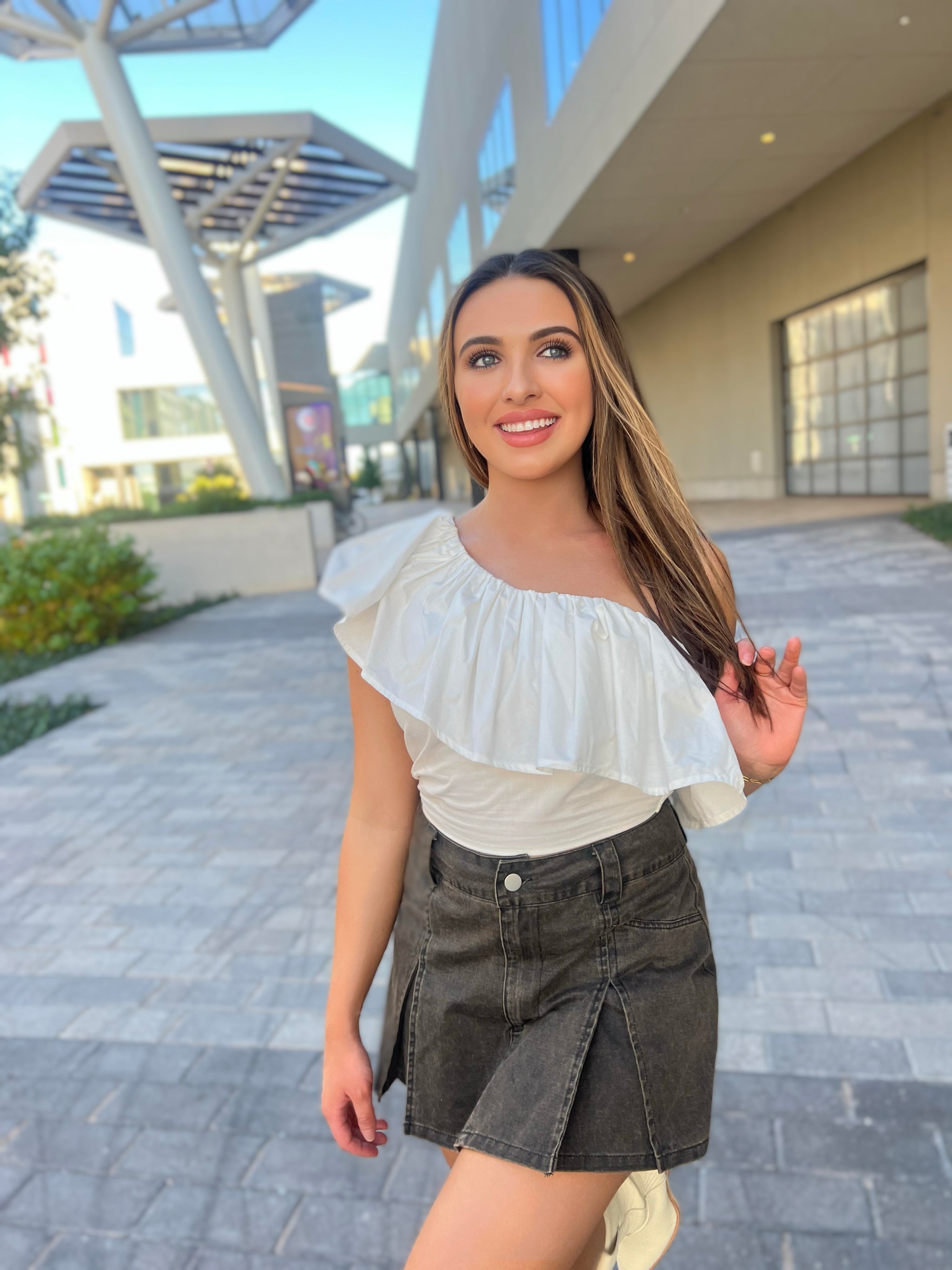 In The Air White One Shoulder Ruffle Top – Pink Attitude Boutique