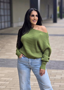 Fireside Casual Off The Shoulder Olive Waffle Knit Top
