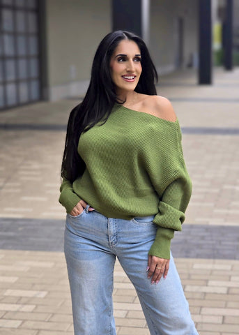 Fireside Casual Off The Shoulder Olive Waffle Knit Top