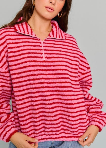 Fun Stripe Pink and Red Quarter Zip Fleece Pullover