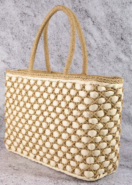 Woven Lattice Straw Tote Bag