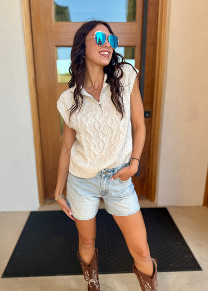 Morning Sunrise Ivory Zip Up Sleeveless Sweater Top