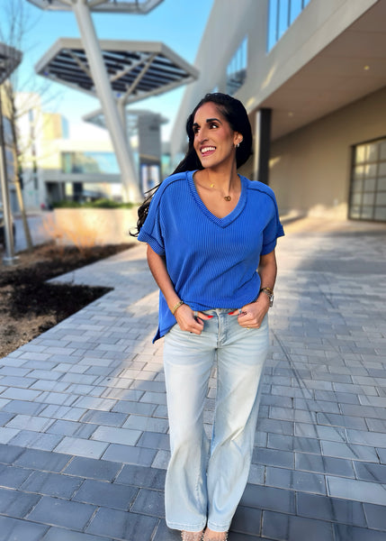 Here For It Bright Blue Corded Ribbed Short Sleeve Top