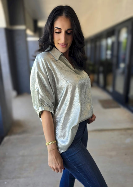 Shining Star Sage Shimmer Collared Top