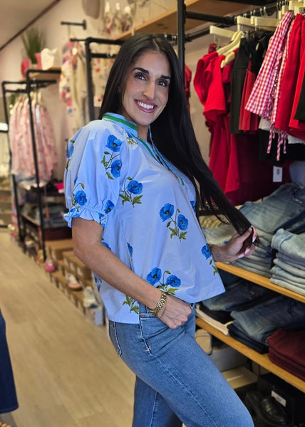 No Explanation Blue Floral Blouse