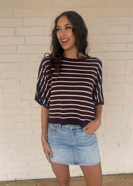 The Good Life Brown & White Striped Short Sleeve Sweater Top