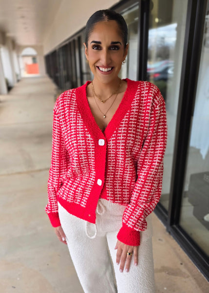 Make A Plan Red & White Fuzzy Cardigan