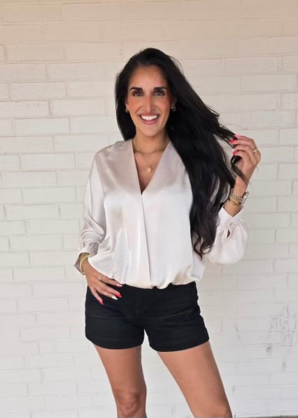 Rely On Me Cream V Neck Cross Over Long Sleeve Blouse