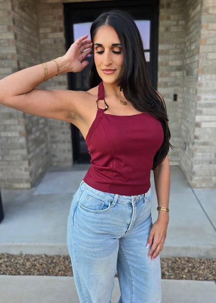 To Be Happy Burgundy Halter Top With Gold Accent