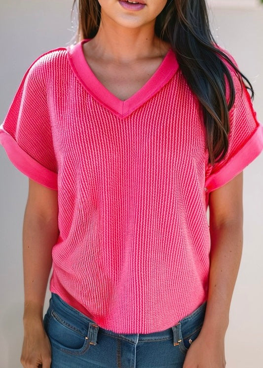 Ice Cream Date Hot Pink Ribbed V Neck Top