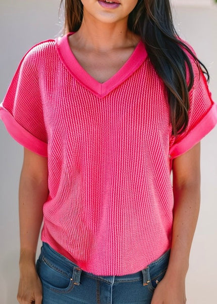 Ice Cream Date Hot Pink Ribbed V Neck Top