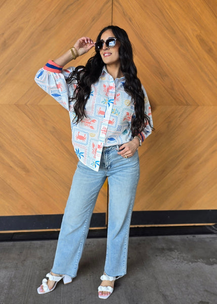At The Beach Print Button Up Top