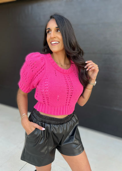 Sweet Attention Puff Sleeve Hot Pink Cropped Sweater