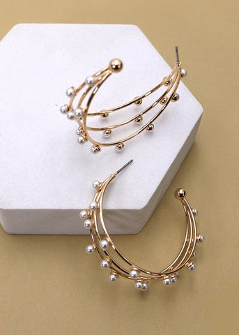Triple Row Wire Pearl Hoop Earrings