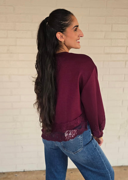 Wine & Dine Lace Trimmed Long Sleeve Top