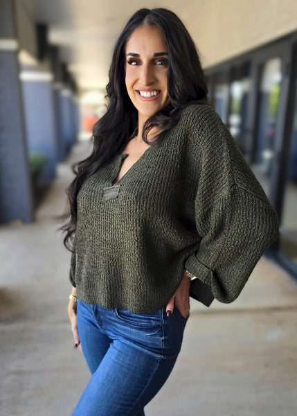 True Fall Olive Cuff Sleeve Sweater