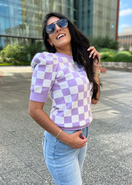 Almost Persuaded Lavender Checked Short Sleeve Sweater