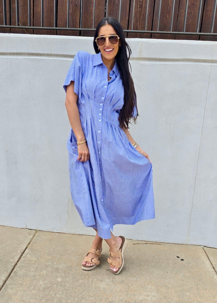 Right On Time Blue Striped Midi Dress