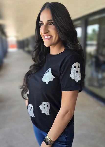 Glitter Ghost Halloween Black Graphic Shirt