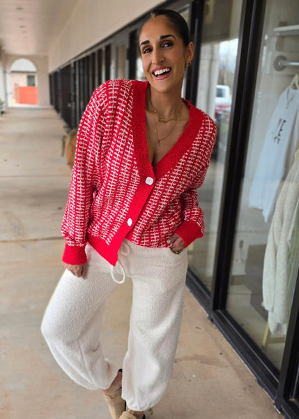 Make A Plan Red & White Fuzzy Cardigan