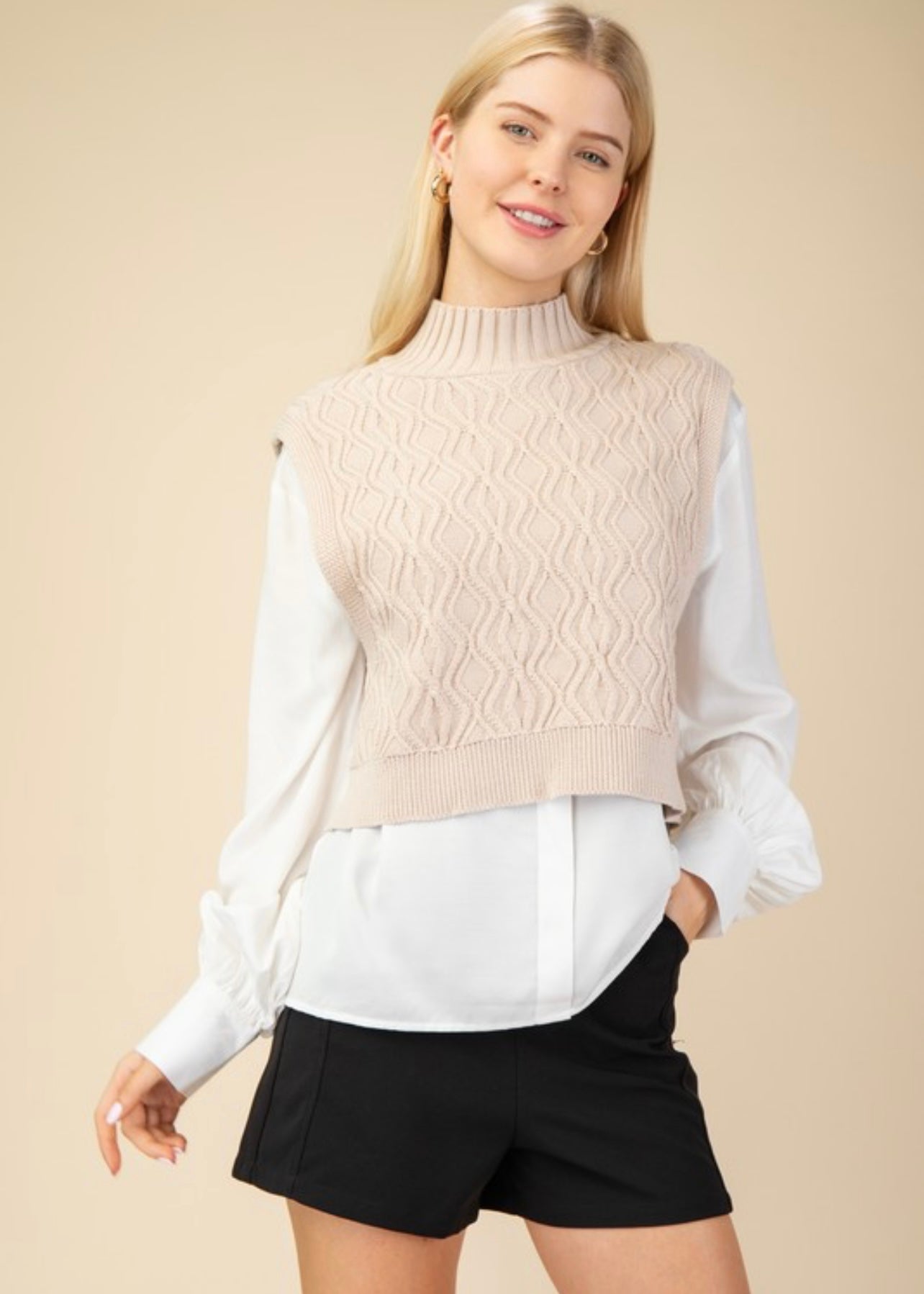 Beat Goes Beige Sweater Vest Layered Over White Blouse