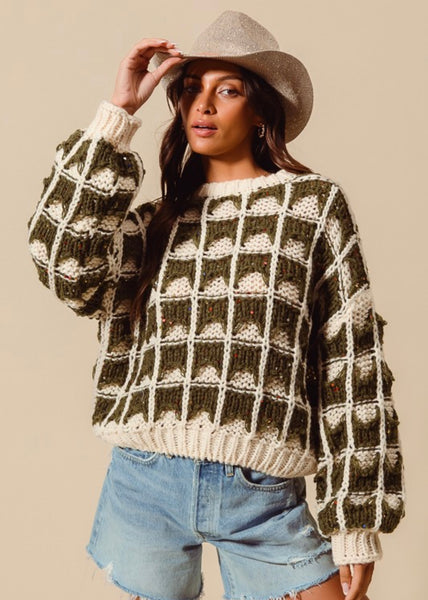 Enough Said Olive & Ivory Loose Fit Chunky Sweater