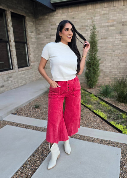 Seasonal Red Corduroy Fray Hem Pants