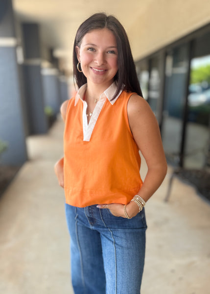 Tailgating Time Sleeveless V Neck Orange/White Poplin Top